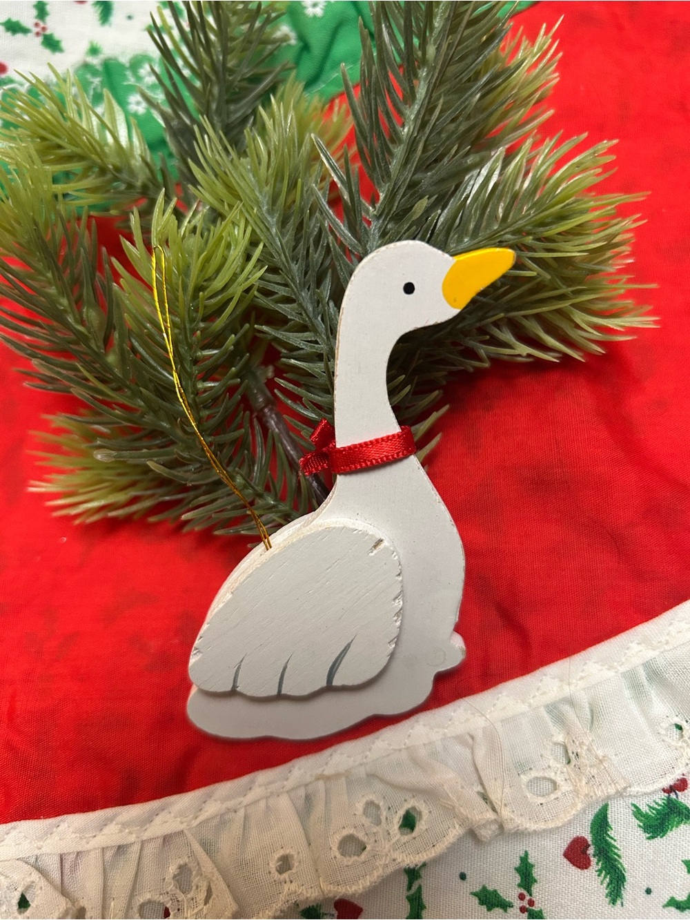 White Goose Bird Ornament with Red Ribbon